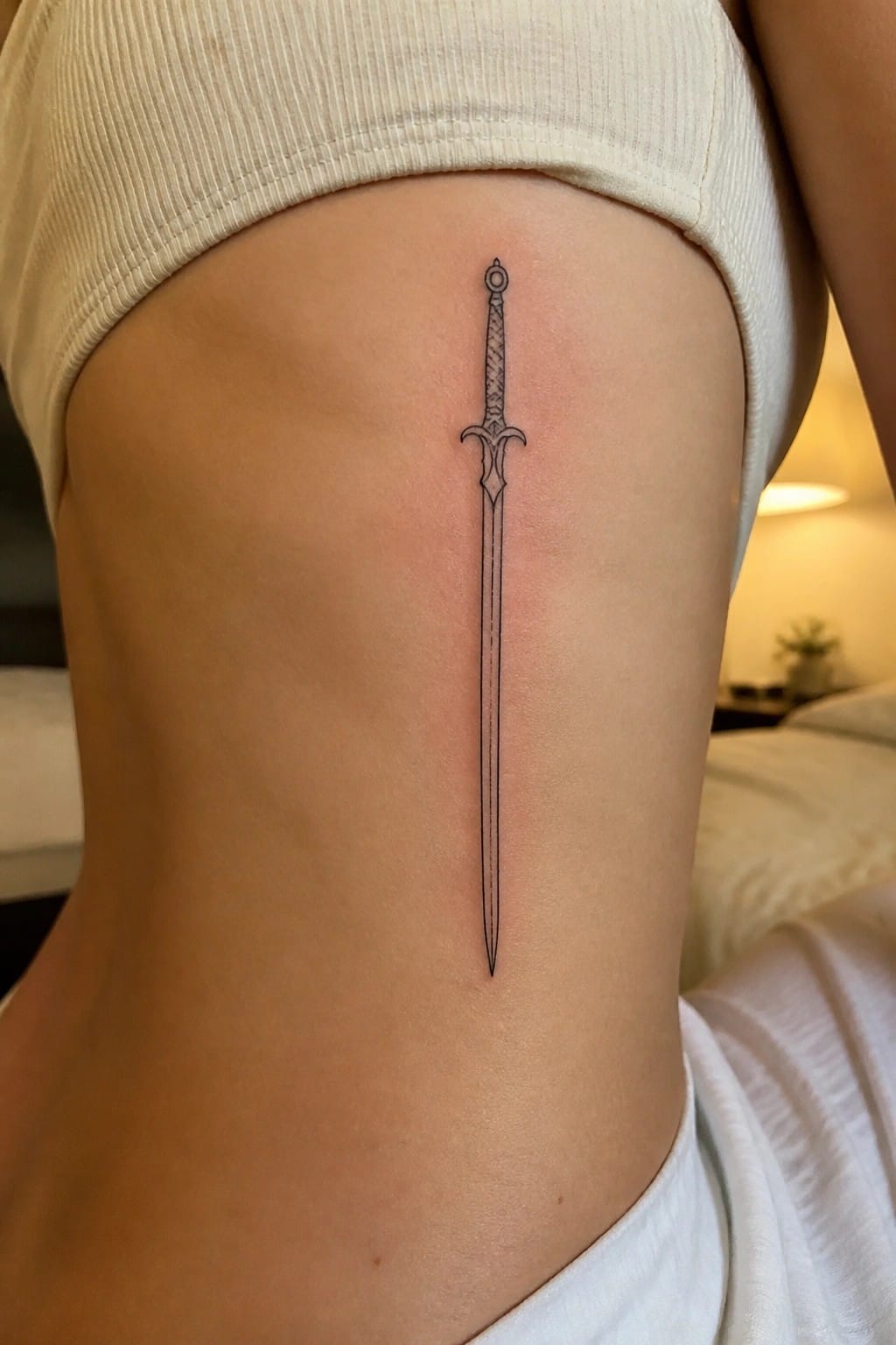 Vertical sword tattoo on skin beneath white ribbed top in bedroom.