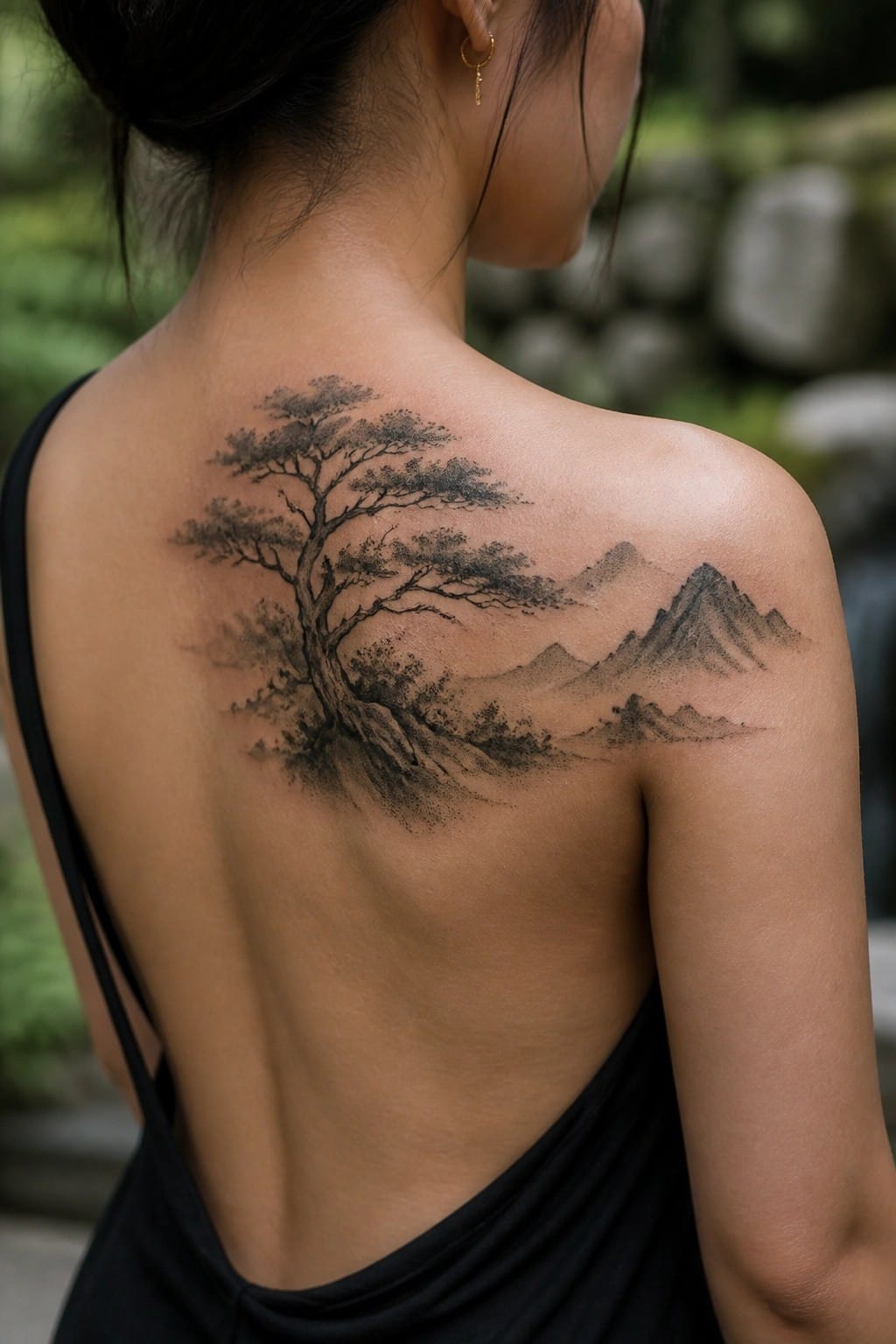 Woman's back with large black tree and mountains tattoo, wearing black top.