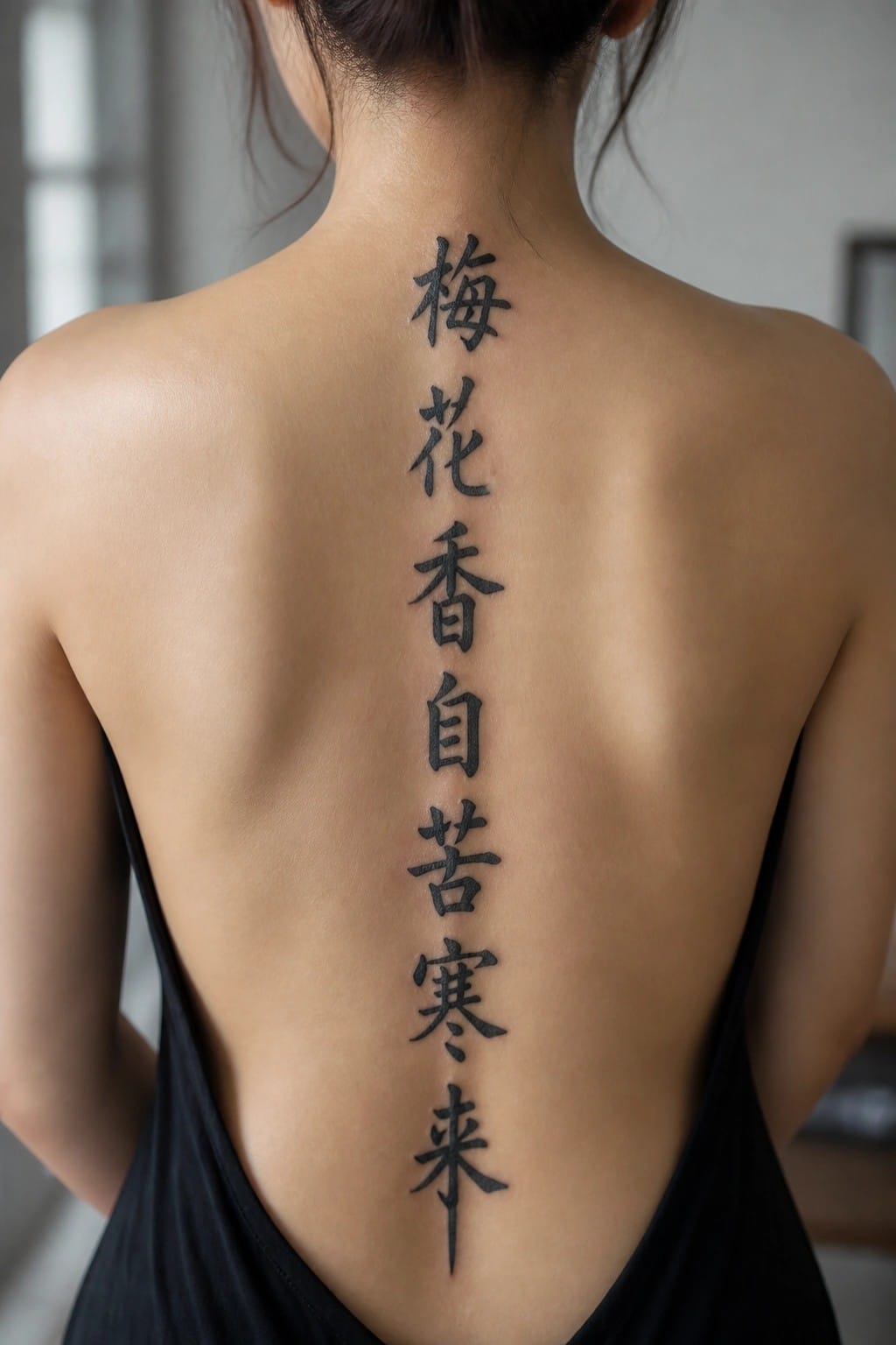 A vertical column of Chinese characters tattooed down the spine on a woman's back