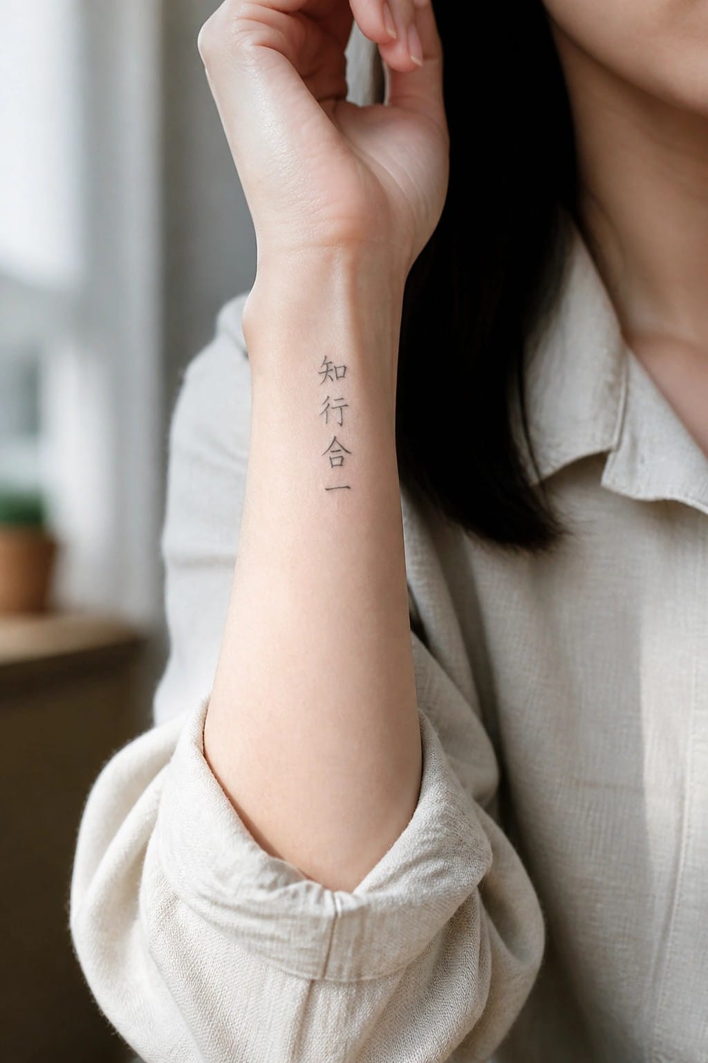 Wrist with vertical Chinese characters tattoo on light beige linen shirt sleeve