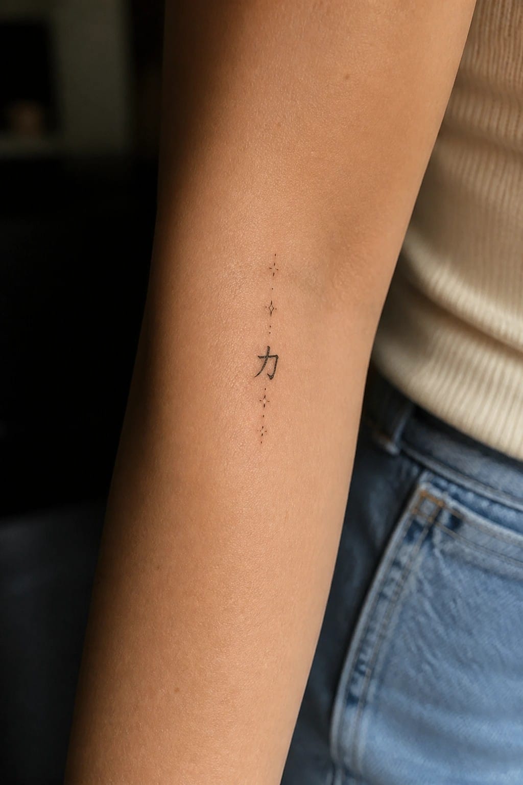 Minimalist black Chinese character for strength with dotted accents running vertically on the inner forearm.