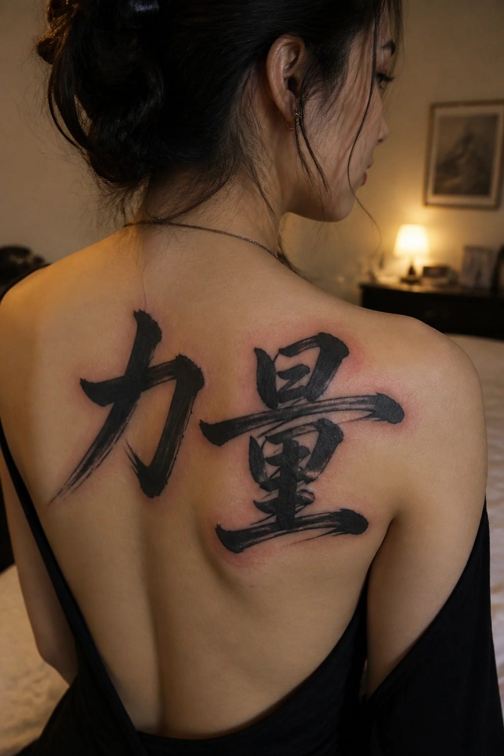 Woman's bare back with large black Chinese calligraphy tattoo in bedroom setting