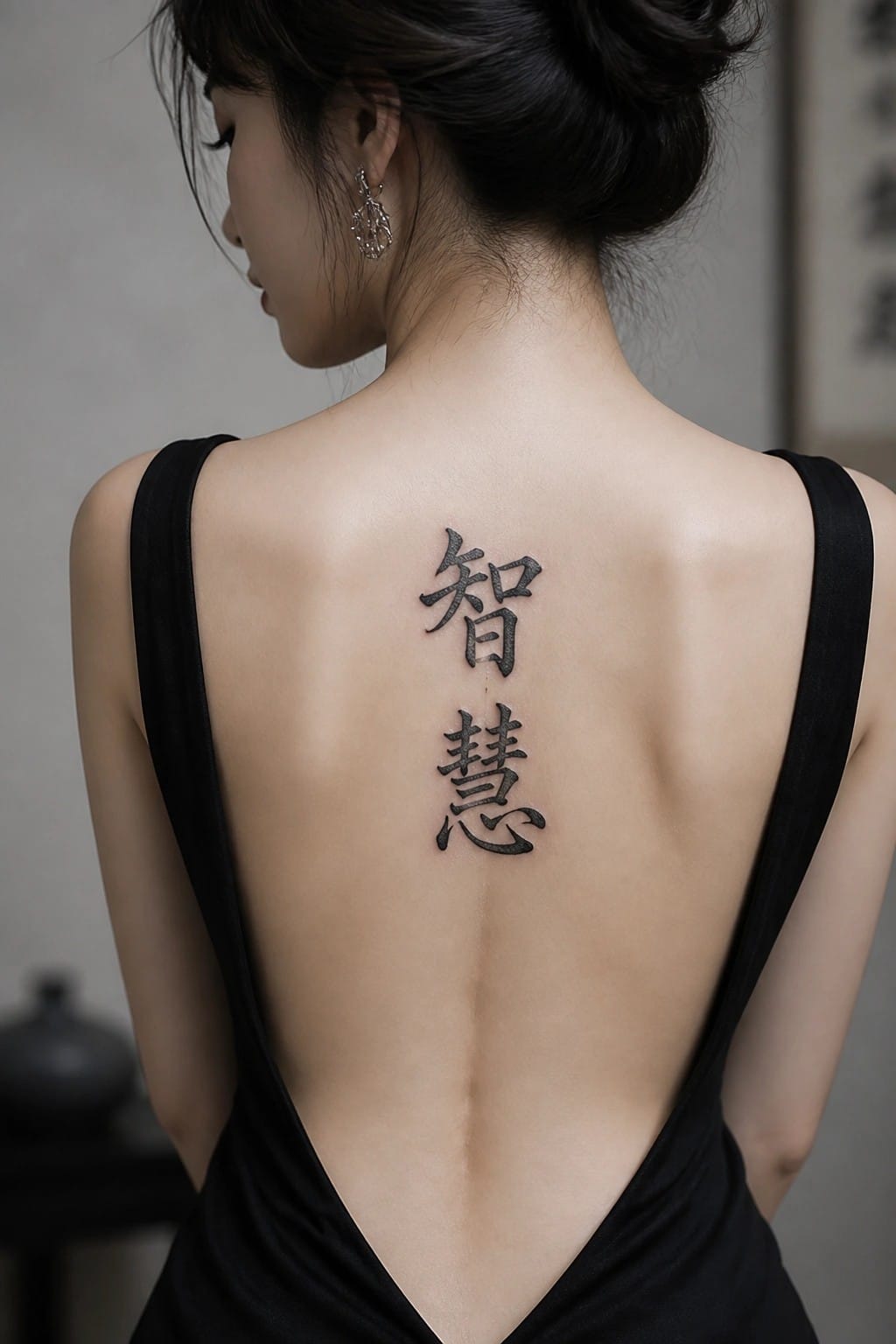 Woman's back in black dress with vertical Chinese tattoo and dark updo.