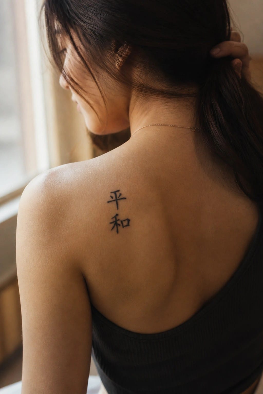 Woman showing a small vertical Chinese calligraphy tattoo on her upper back shoulder blade area.