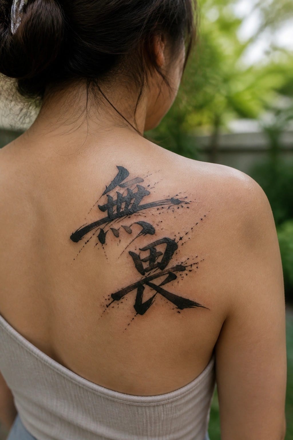 Woman's upper back with large black Chinese calligraphy tattoo and beige top