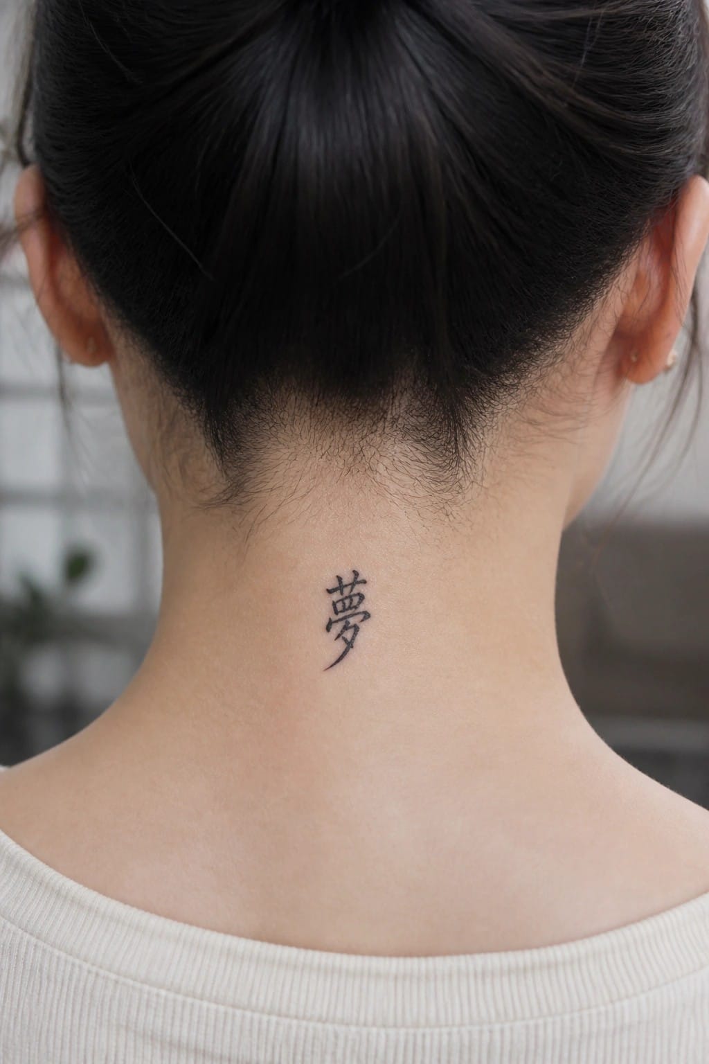 Dark bun hairstyle above small black Chinese character tattoo on neck with cream top