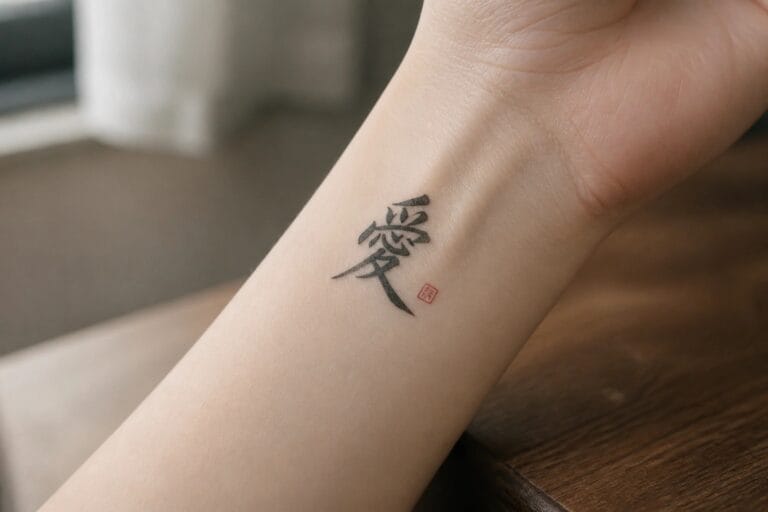 Wrist with black Chinese "愛" tattoo and red seal on wooden table.