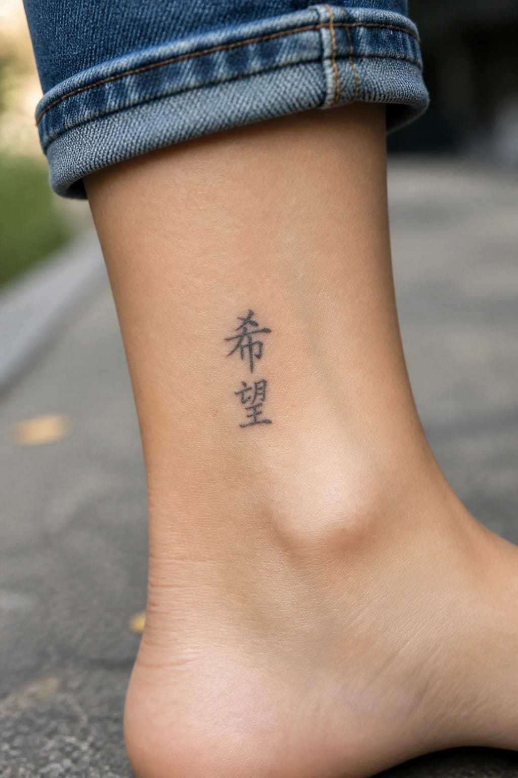 Ankle with vertical Chinese character tattoo below rolled blue denim jeans cuff