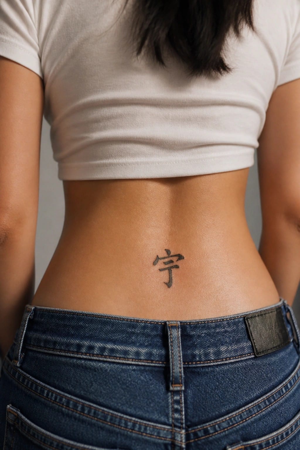 Lower back with black Chinese character tattoo above blue jeans and white crop top.