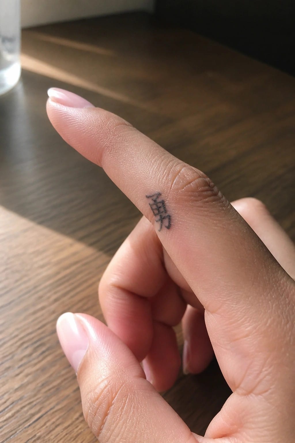 Index finger with black Chinese character tattoo on wooden table surface