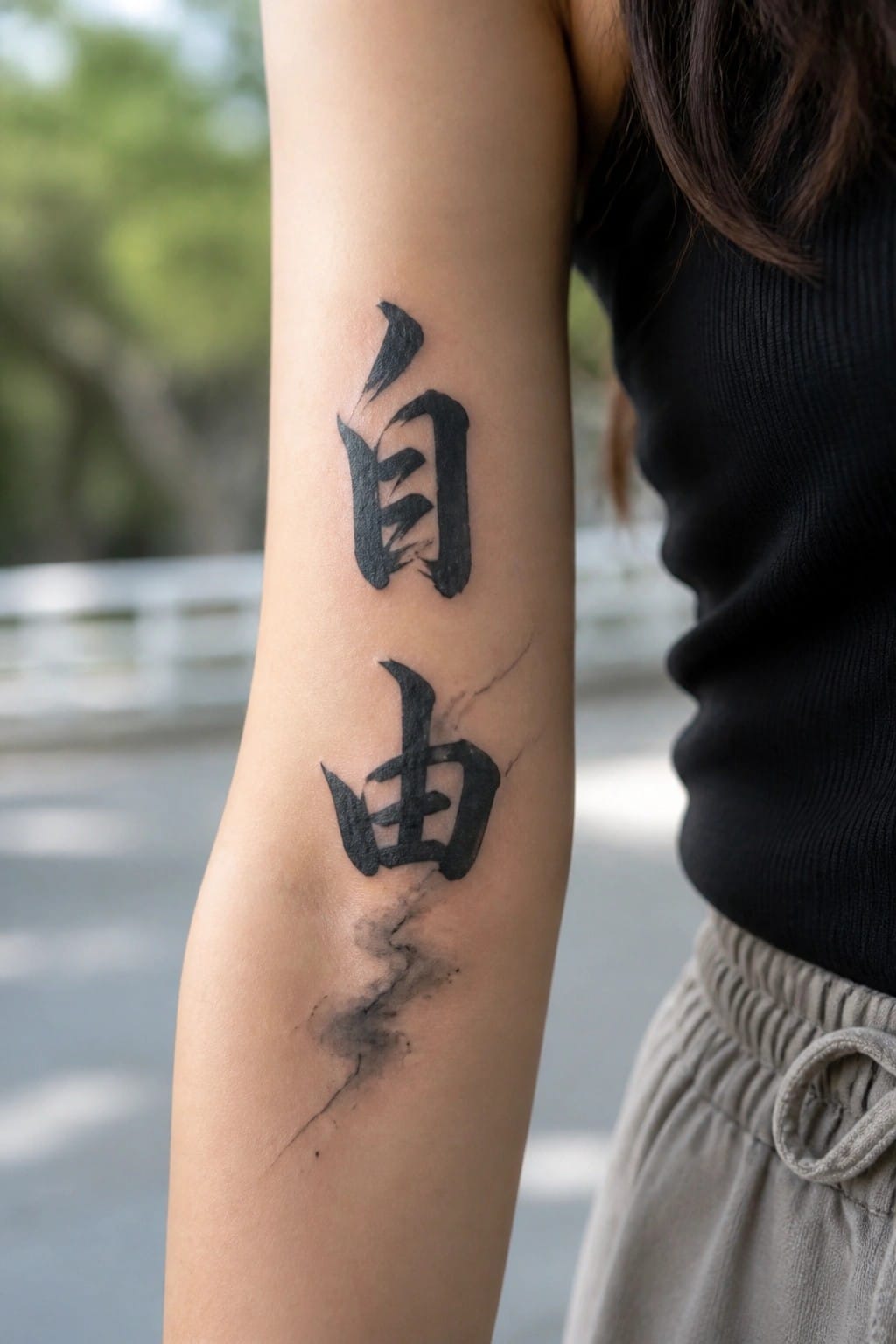 Arm with vertical black Chinese tattoo 自由 and cracked ink shading below