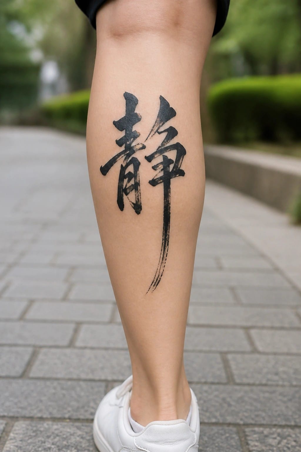 Black Chinese calligraphy tattoo on shin above white sneaker on paved path.