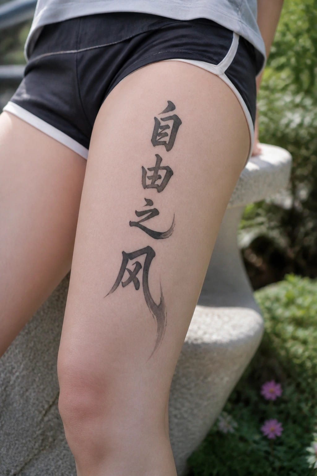 Vertical Chinese calligraphy tattoo on a thigh showing the characters for wind of freedom in flowing black brush strokes.
