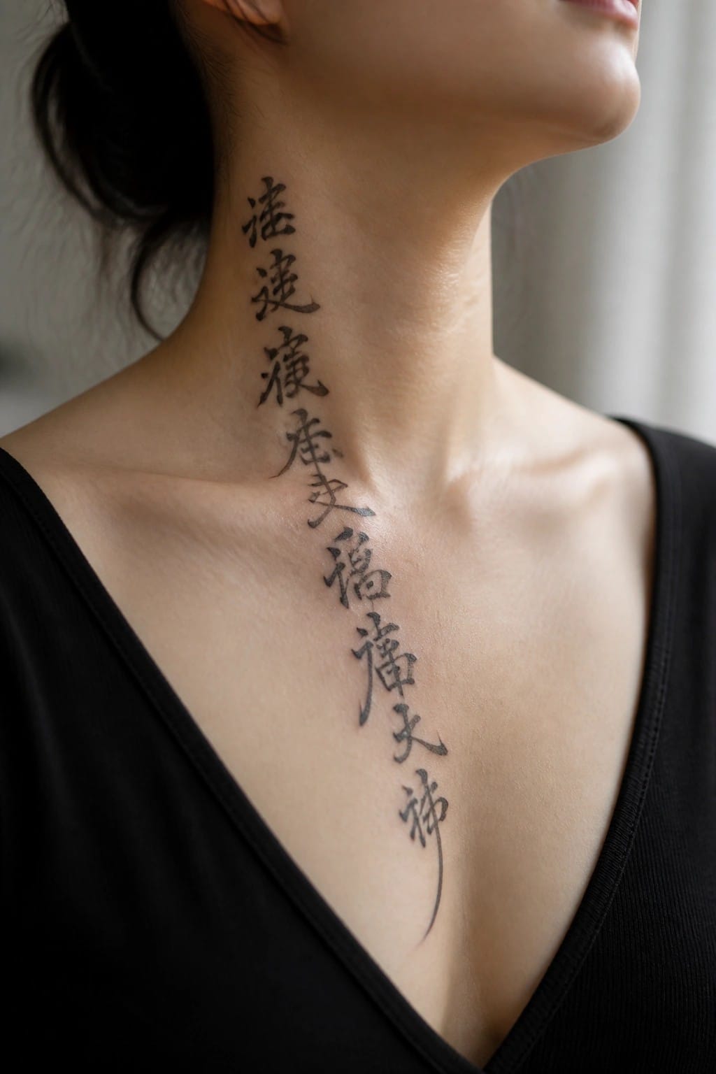 Vertical Chinese calligraphy tattoo in black ink running down the side of a woman's neck and onto her upper chest.