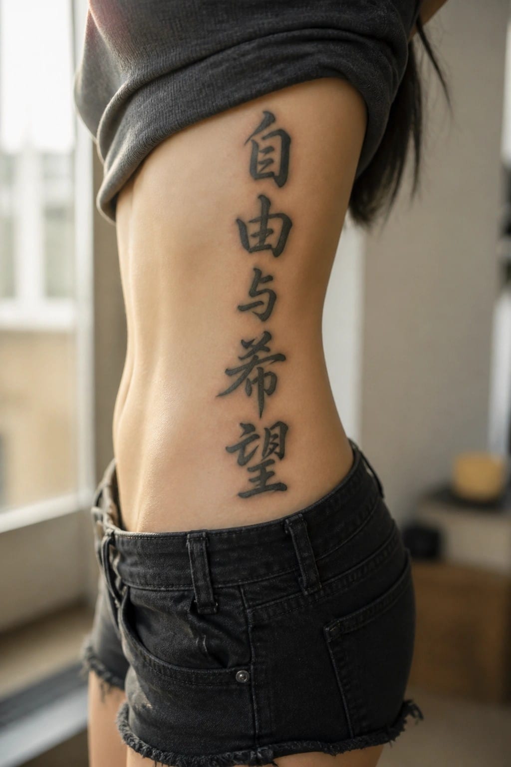 Vertical black Chinese tattoo on bare side above frayed black denim shorts