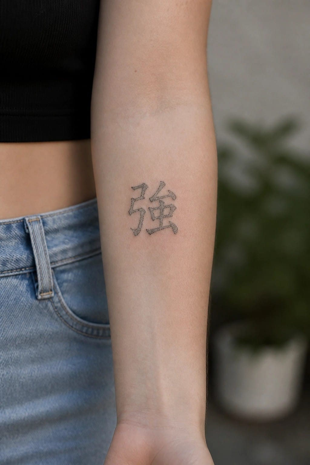 A stippled Chinese character tattoo on the inner forearm of a person wearing jeans and a black top.
