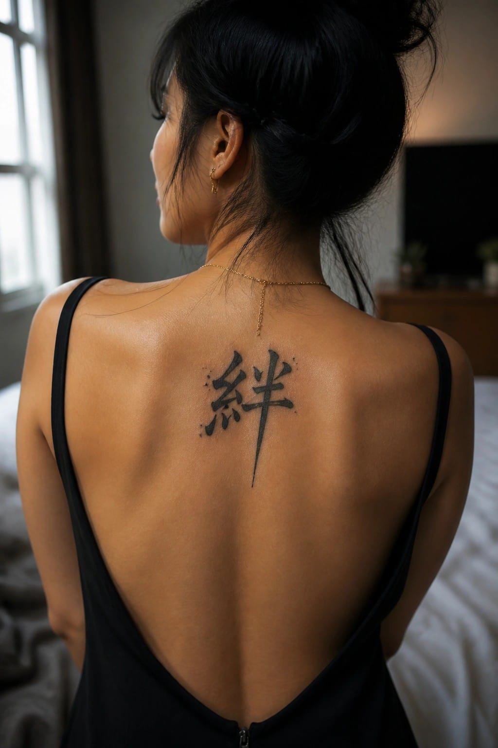 Woman viewed from behind with a single Chinese character tattoo in bold black ink on her upper back between the shoulder blades.