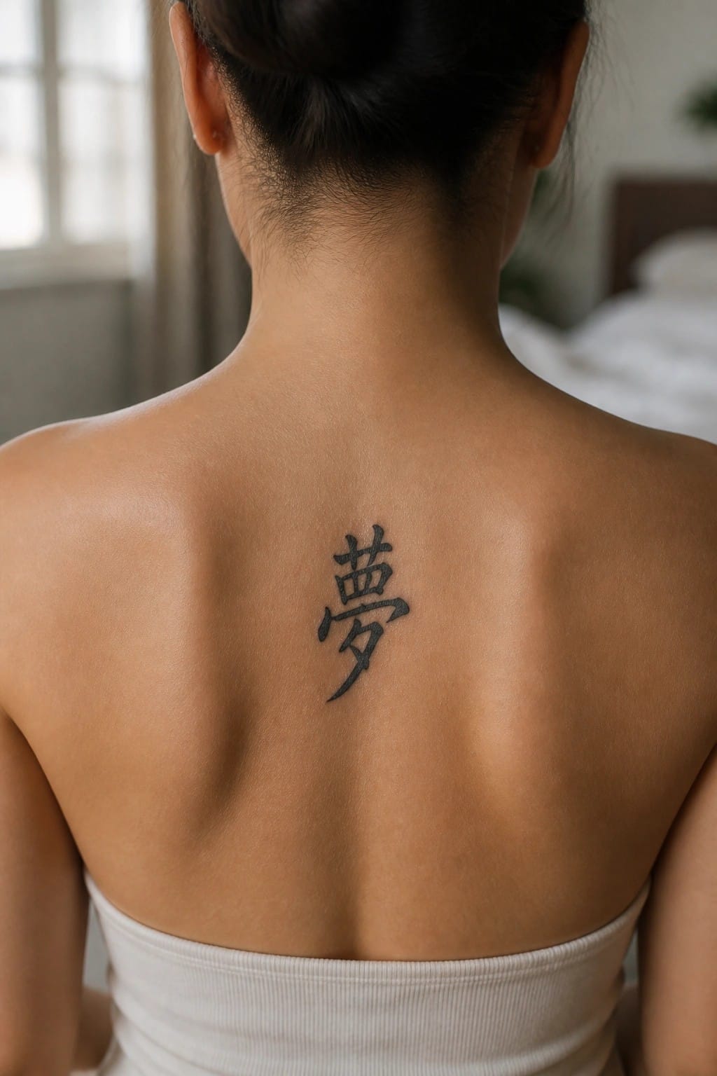 Woman's back with black Chinese character tattoo above white strapless top