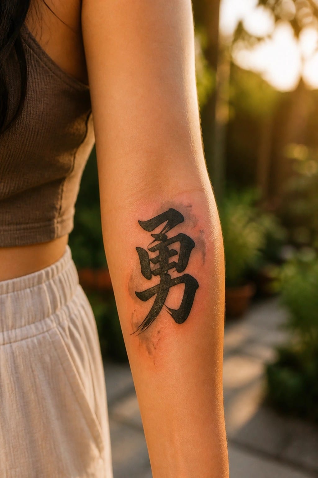 Close up of a large black Chinese character tattoo on a woman's inner forearm