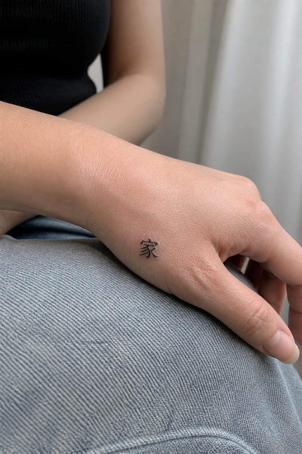Small black Chinese character tattoo on the inner wrist of a person wearing a black top and light blue jeans.