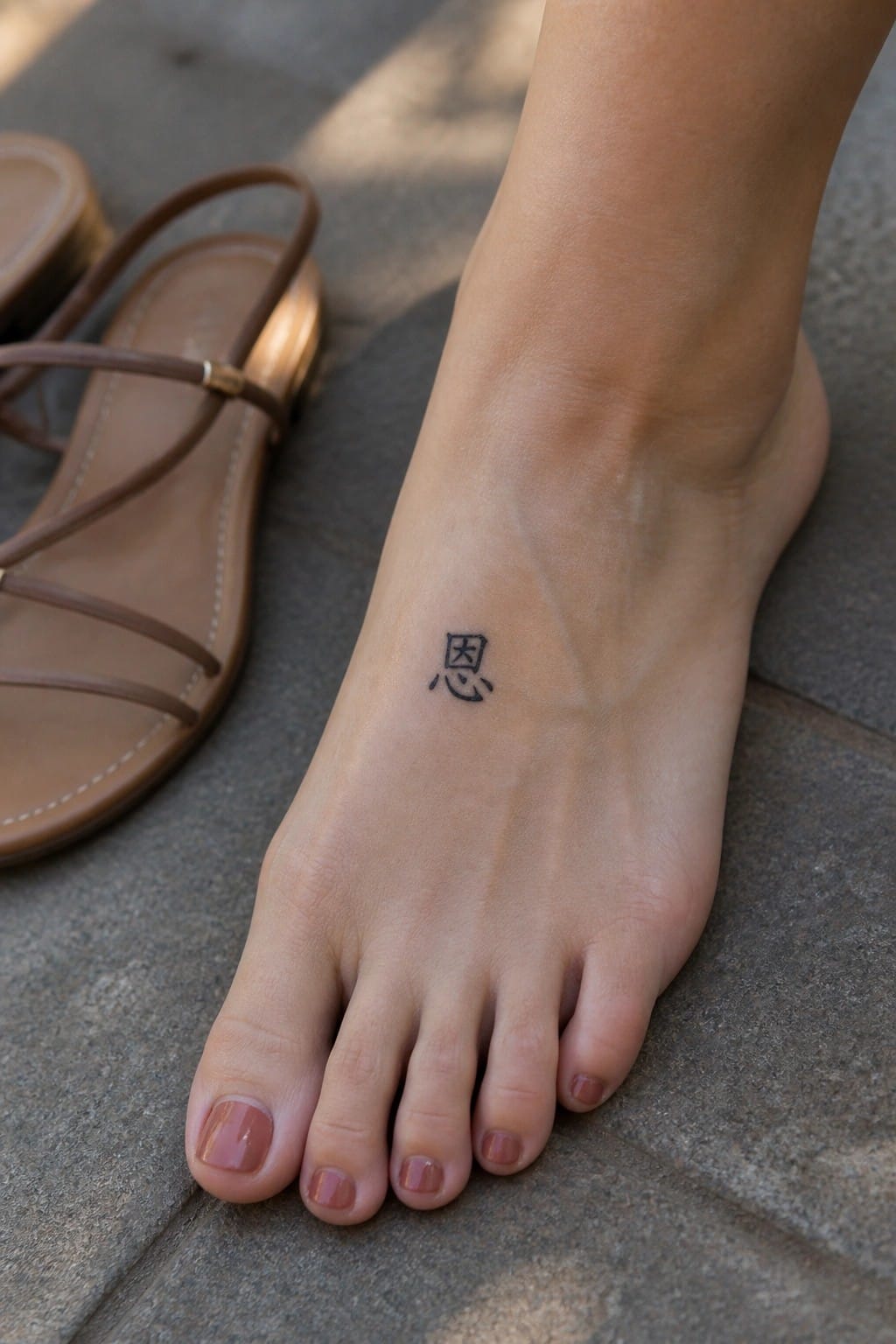 Bare foot with Chinese character tattoo beside brown sandal on pavement