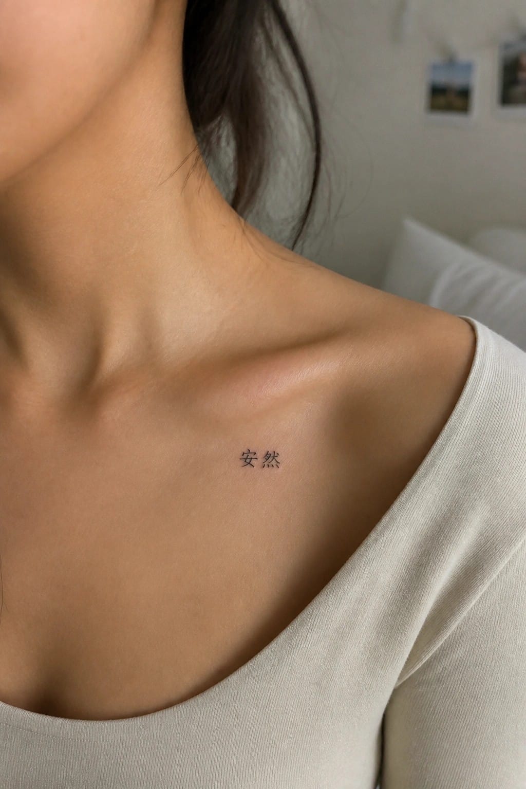 Close-up of '安然' tattoo on collarbone above loose white top