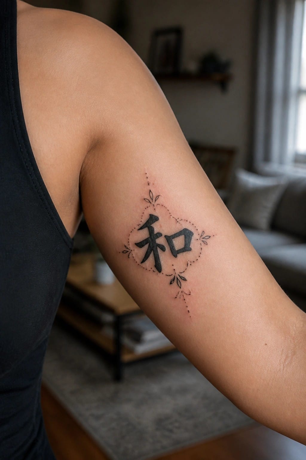 Black tank top on arm with Chinese character tattoo and dotted leaf design