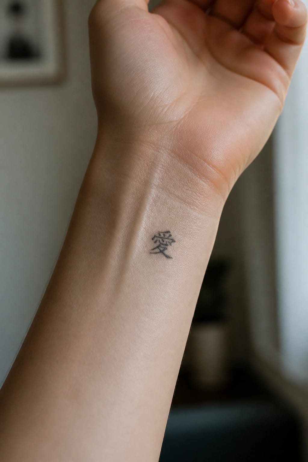 Wrist with small black tattoo of Chinese character for love