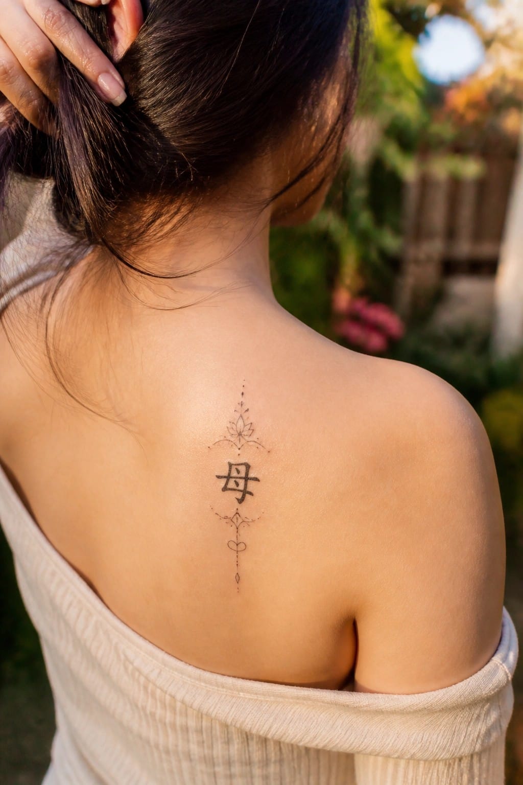 Fine line tattoo of the Chinese character for mother with a lotus above and delicate line accents on a woman's upper back.