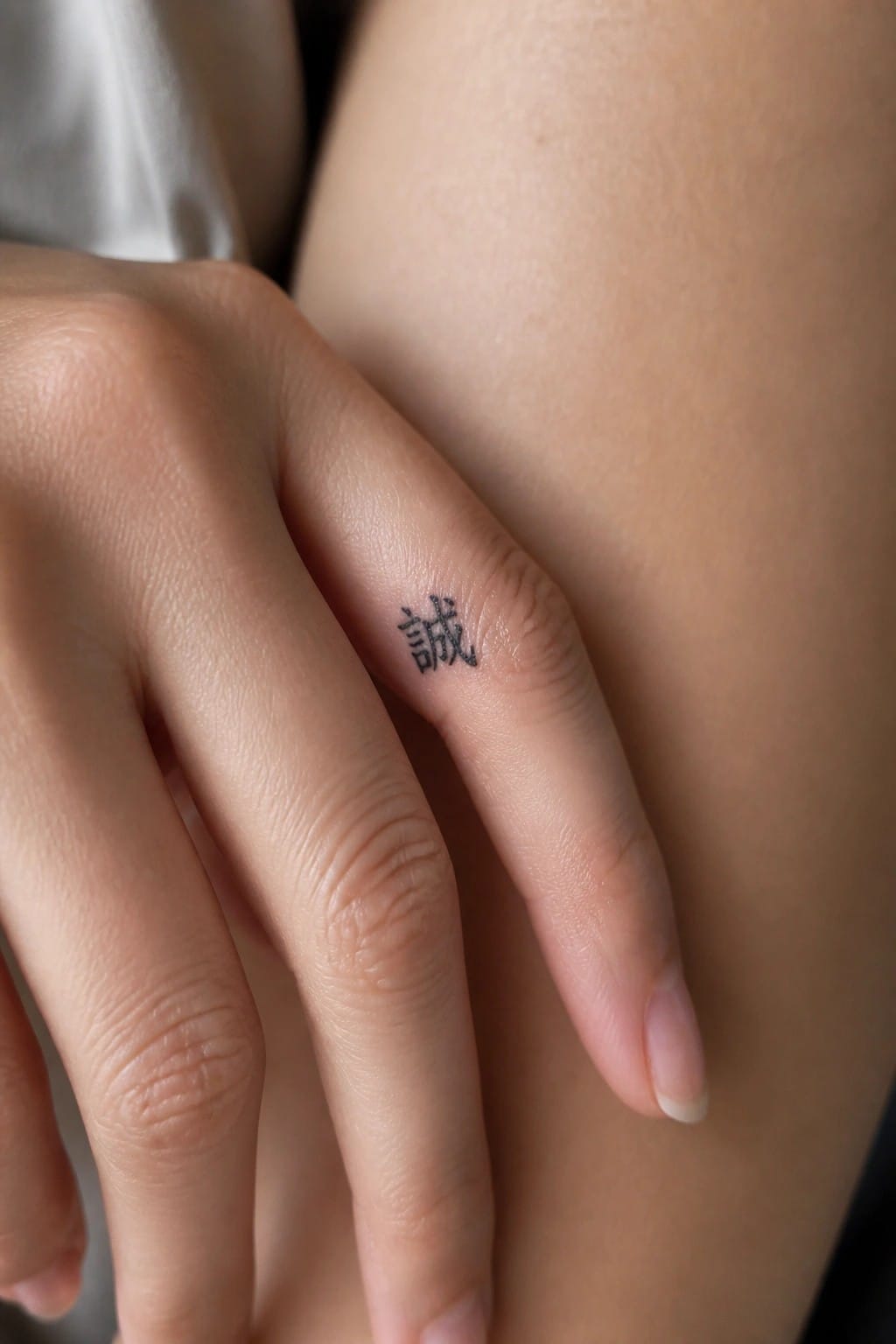Small black Chinese character tattoo on the side of a ring finger