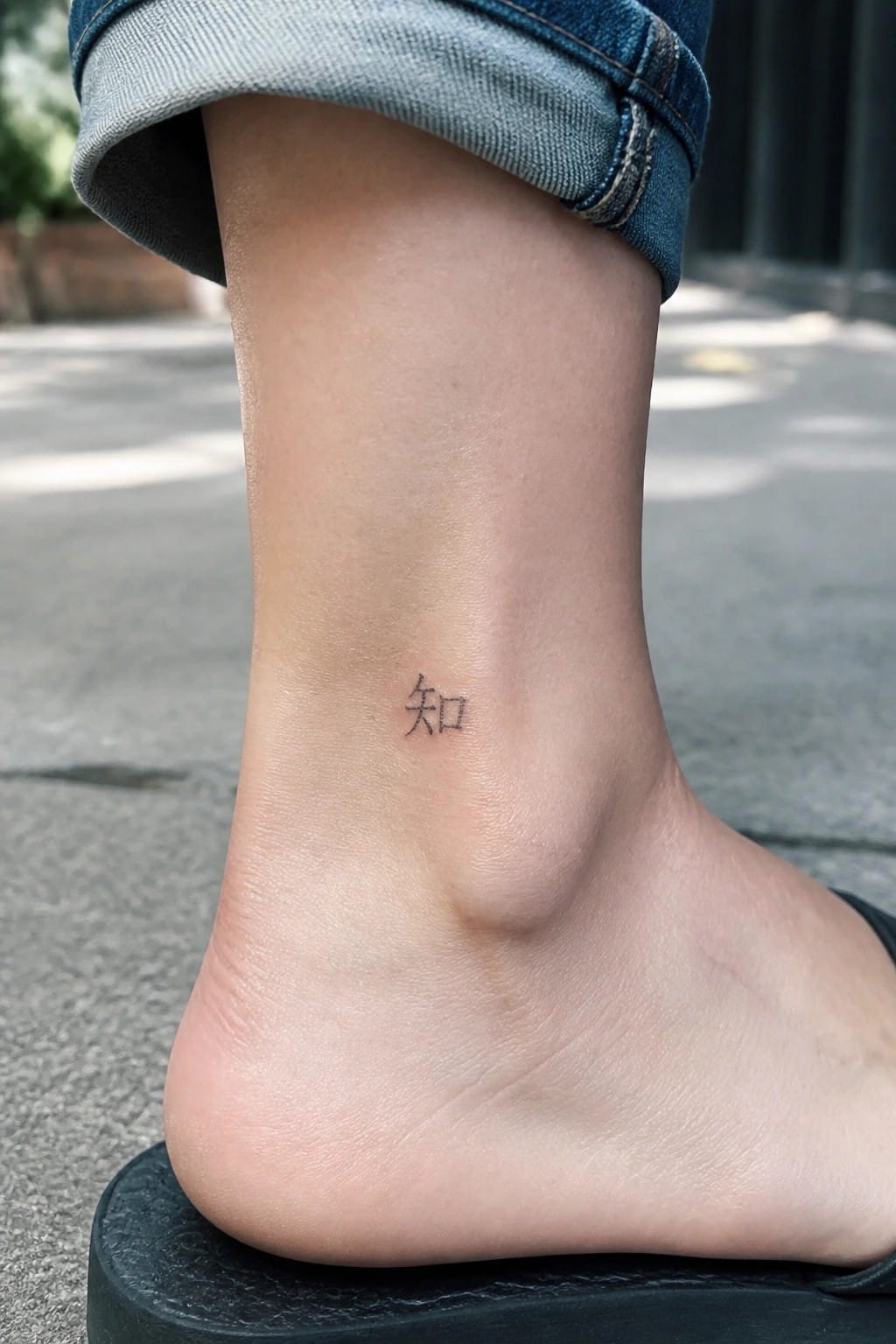 Small black Chinese character tattoo on ankle below rolled blue jeans cuff
