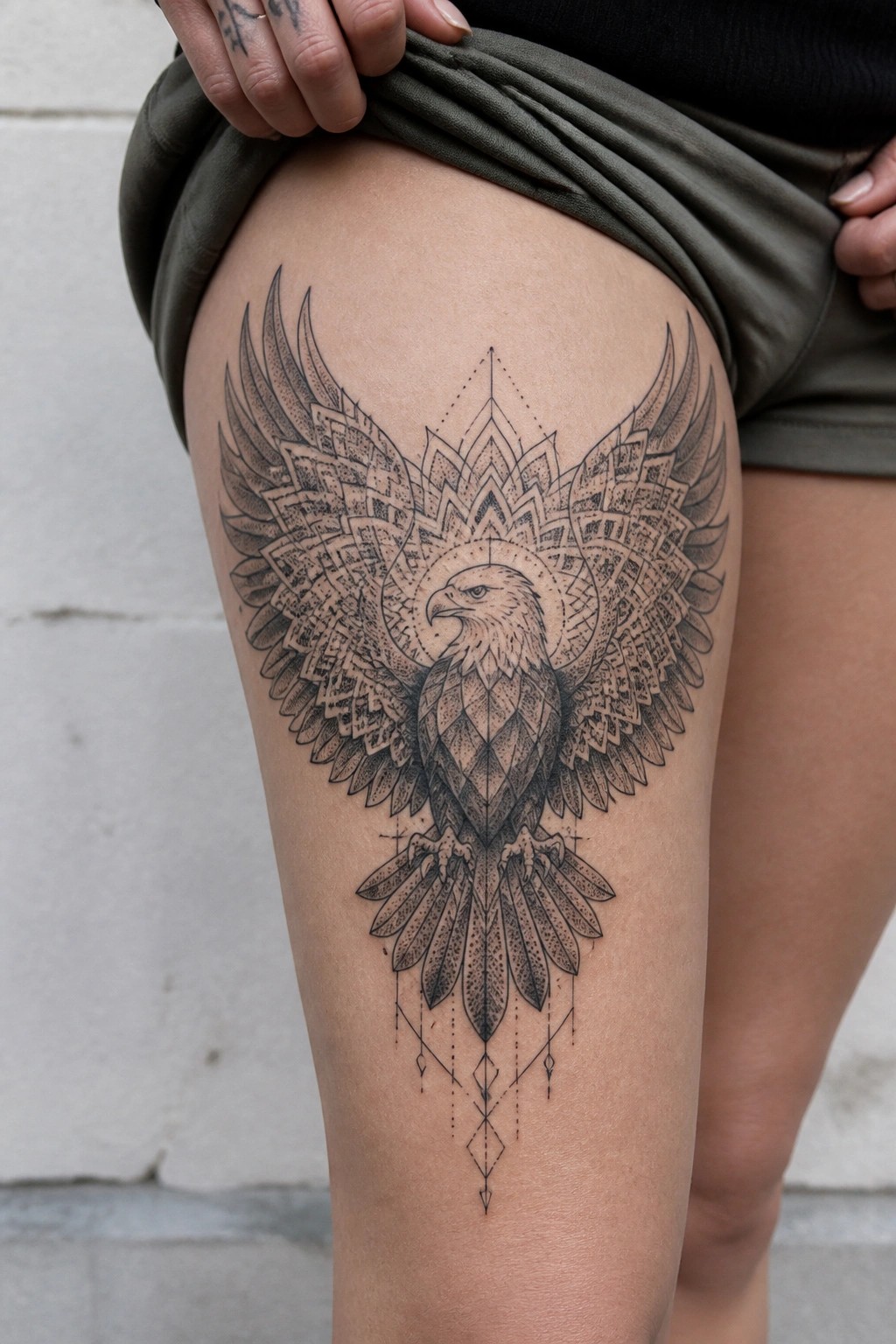 Large blackwork eagle tattoo with geometric wings and mandala patterns on a woman's upper thigh