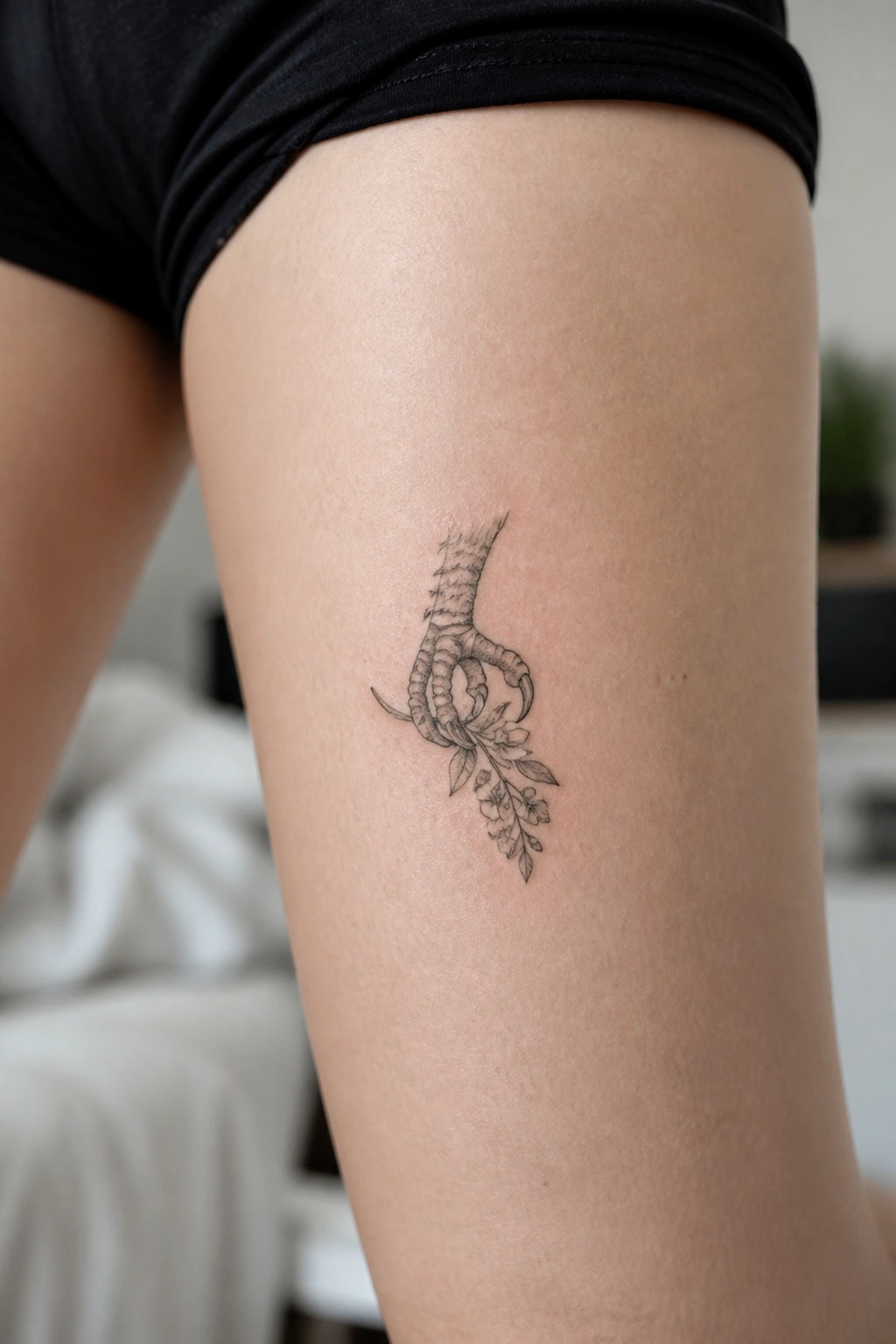 Black shorts on thigh with detailed bird claw tattoo holding floral branch