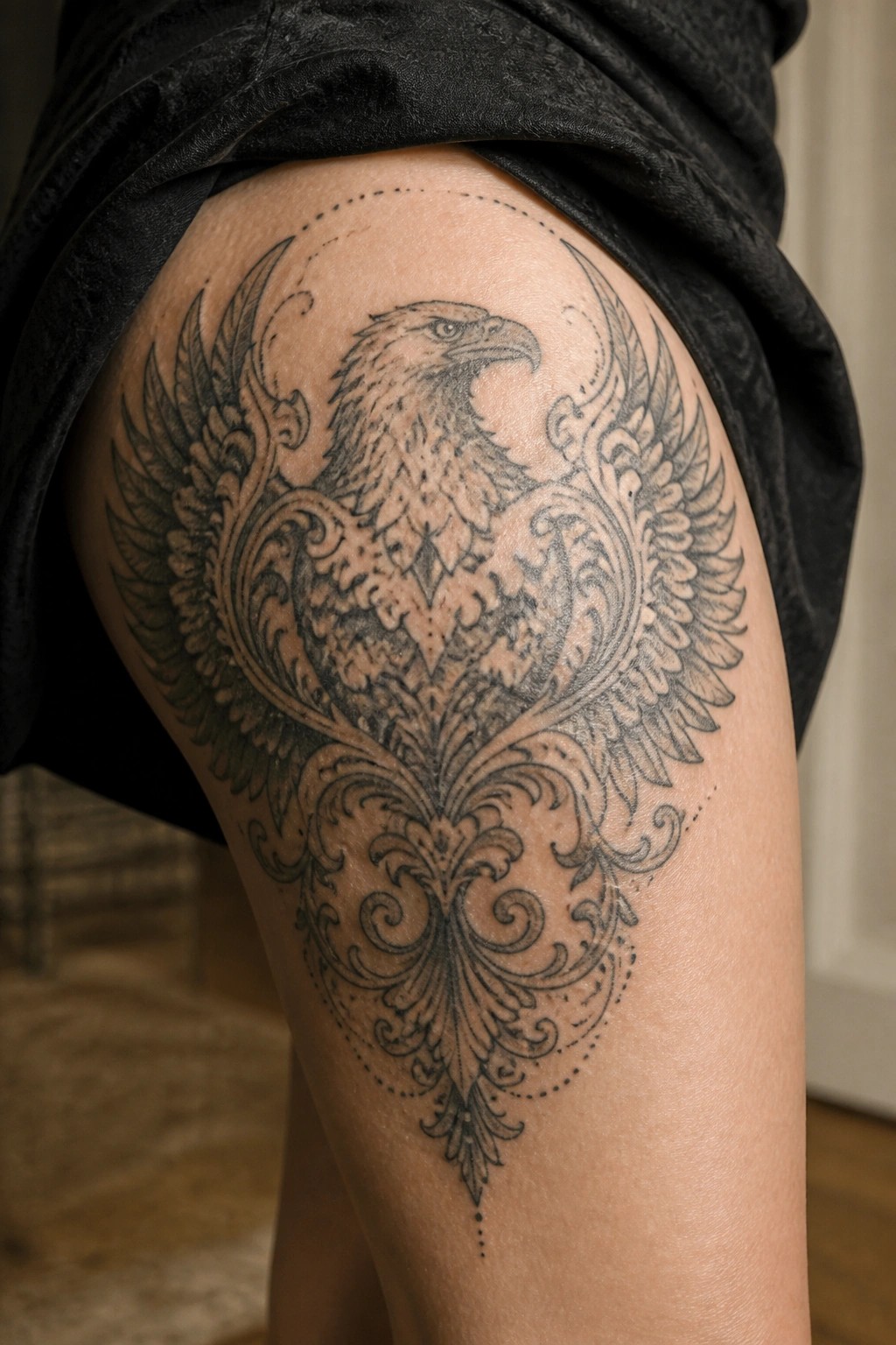Detailed black-and-grey eagle tattoo with ornate filigree on upper thigh under black fabric.