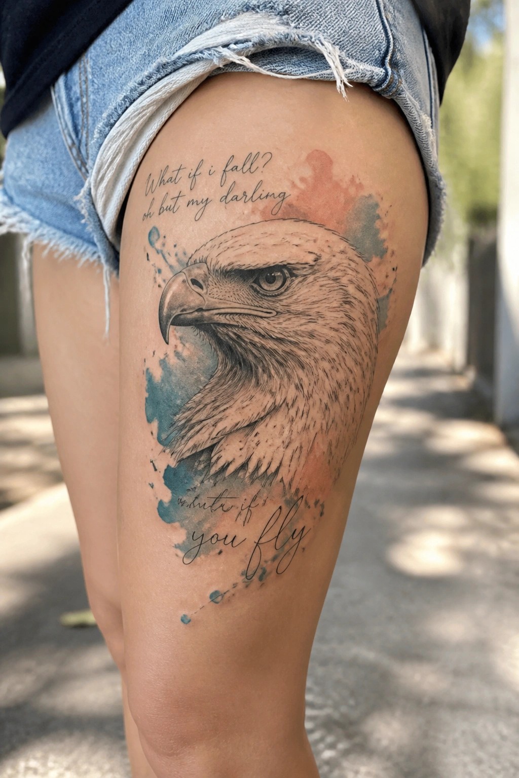 Realistic eagle head tattoo on a woman's upper thigh with blue and coral watercolor accents and an inspirational quote wrapped around the design.