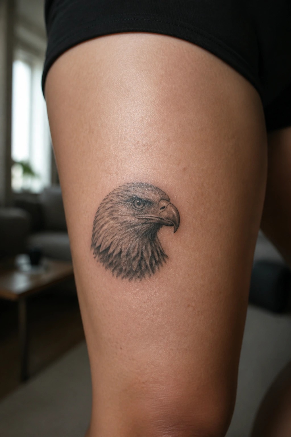 Realistic black and grey eagle head tattoo on a woman's thigh in side profile with visible feather texture and shading.