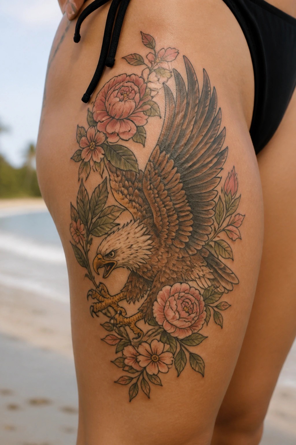 Large eagle tattoo with spread wings and pink flowers on a woman's thigh at the beach.