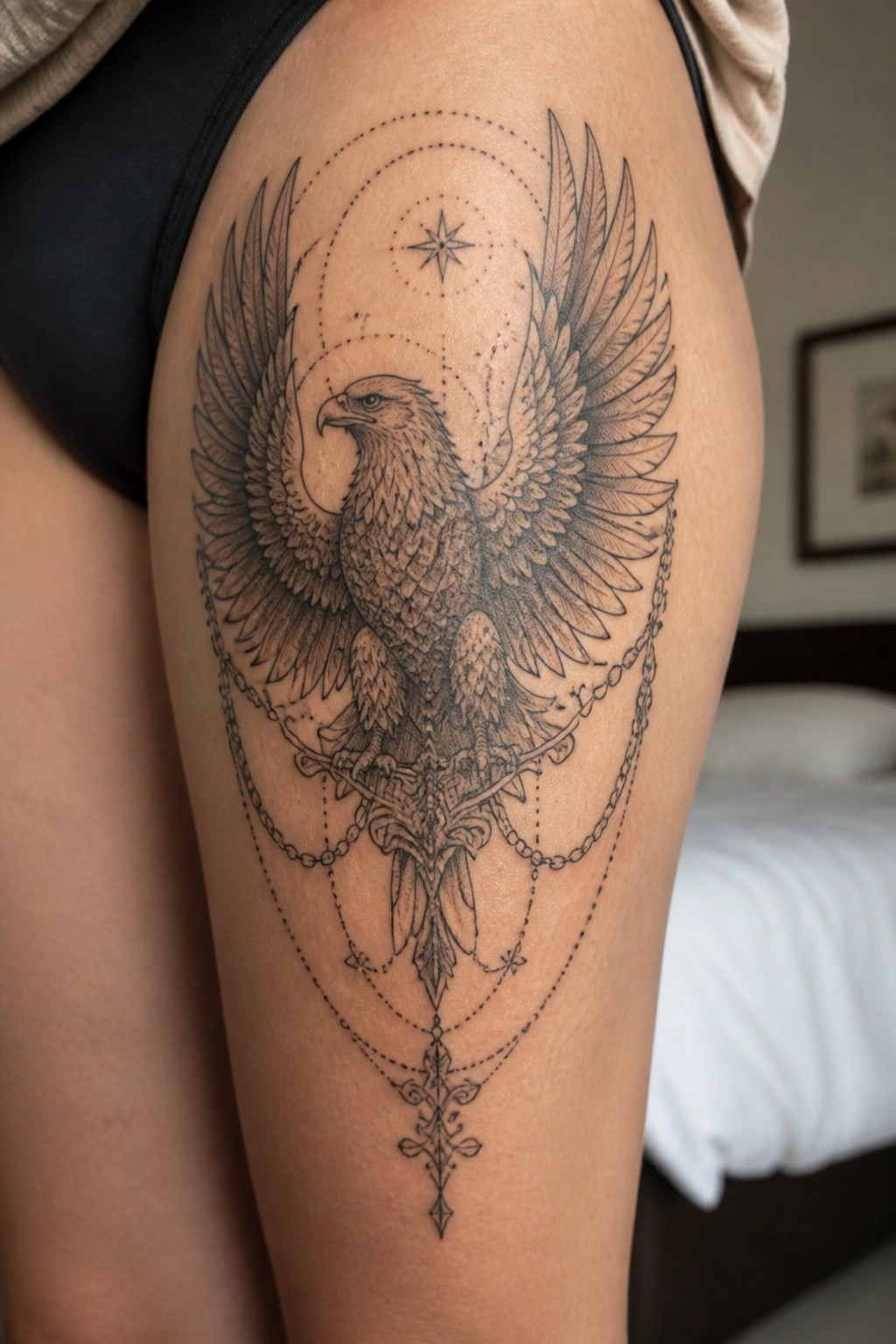 Black and grey eagle tattoo on a woman's thigh showing spread wings, chains, and a dangling ornament below.
