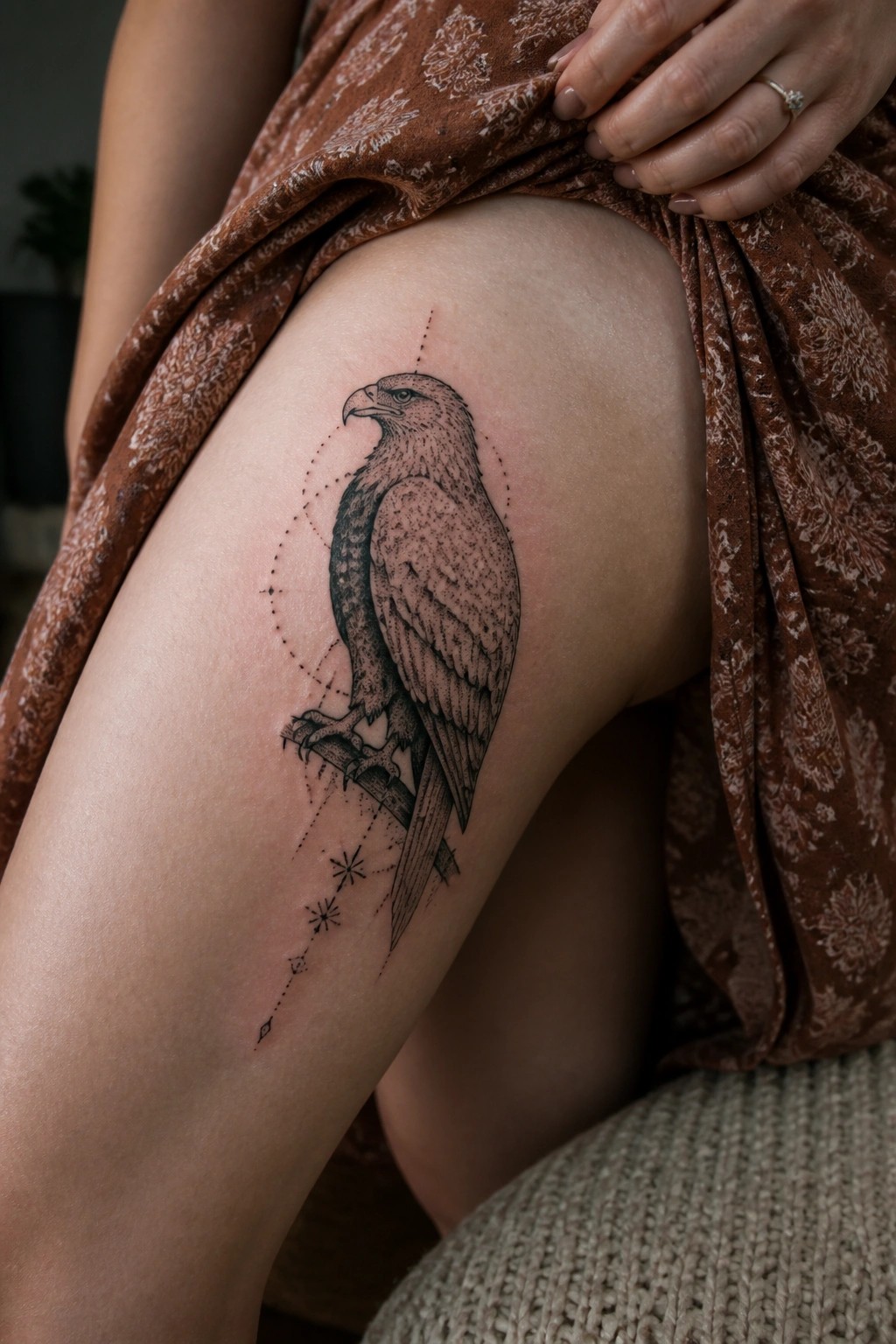 Black and grey eagle tattoo on a woman's thigh, perched on a branch with dotted accents and small stars below.