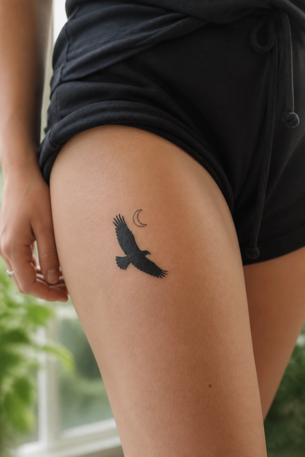 Eagle and crescent moon tattoo on thigh, wearing black drawstring shorts.