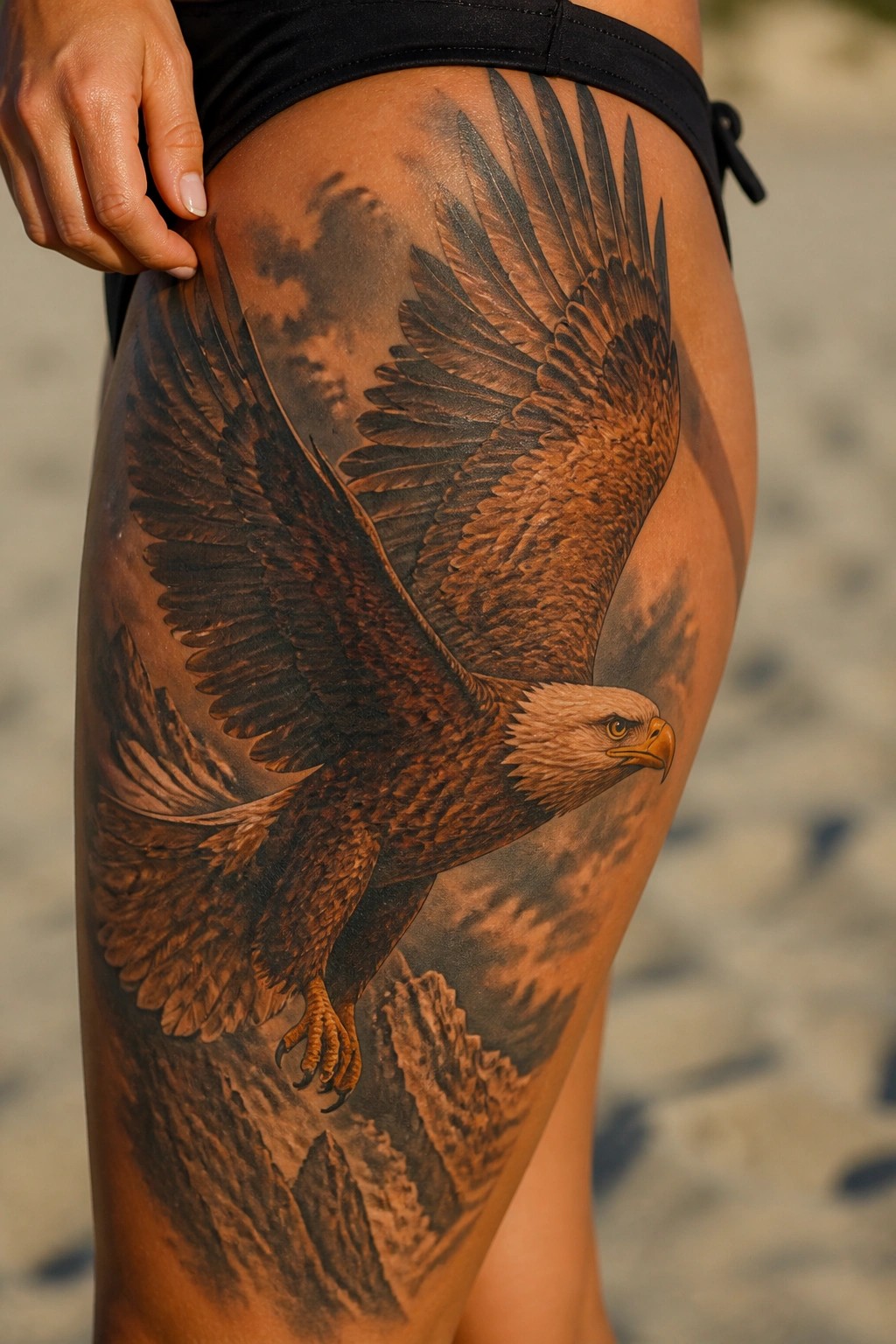 Large eagle tattoo in flight over mountains on thigh, black swimwear visible