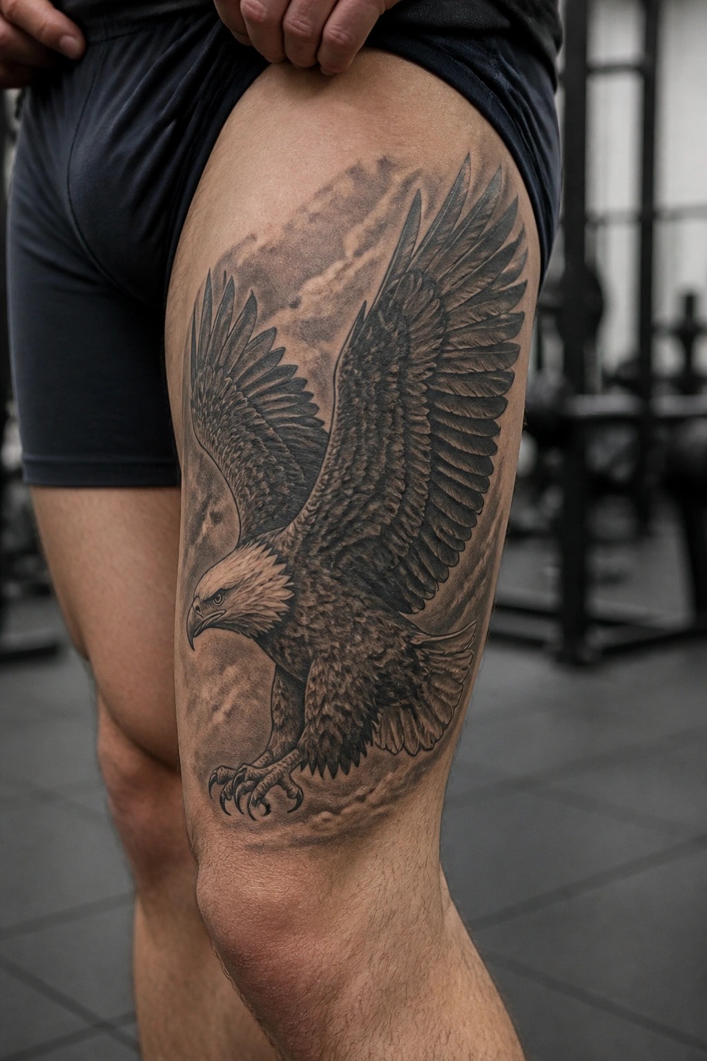 Large black and gray eagle tattoo on thigh under black shorts in gym