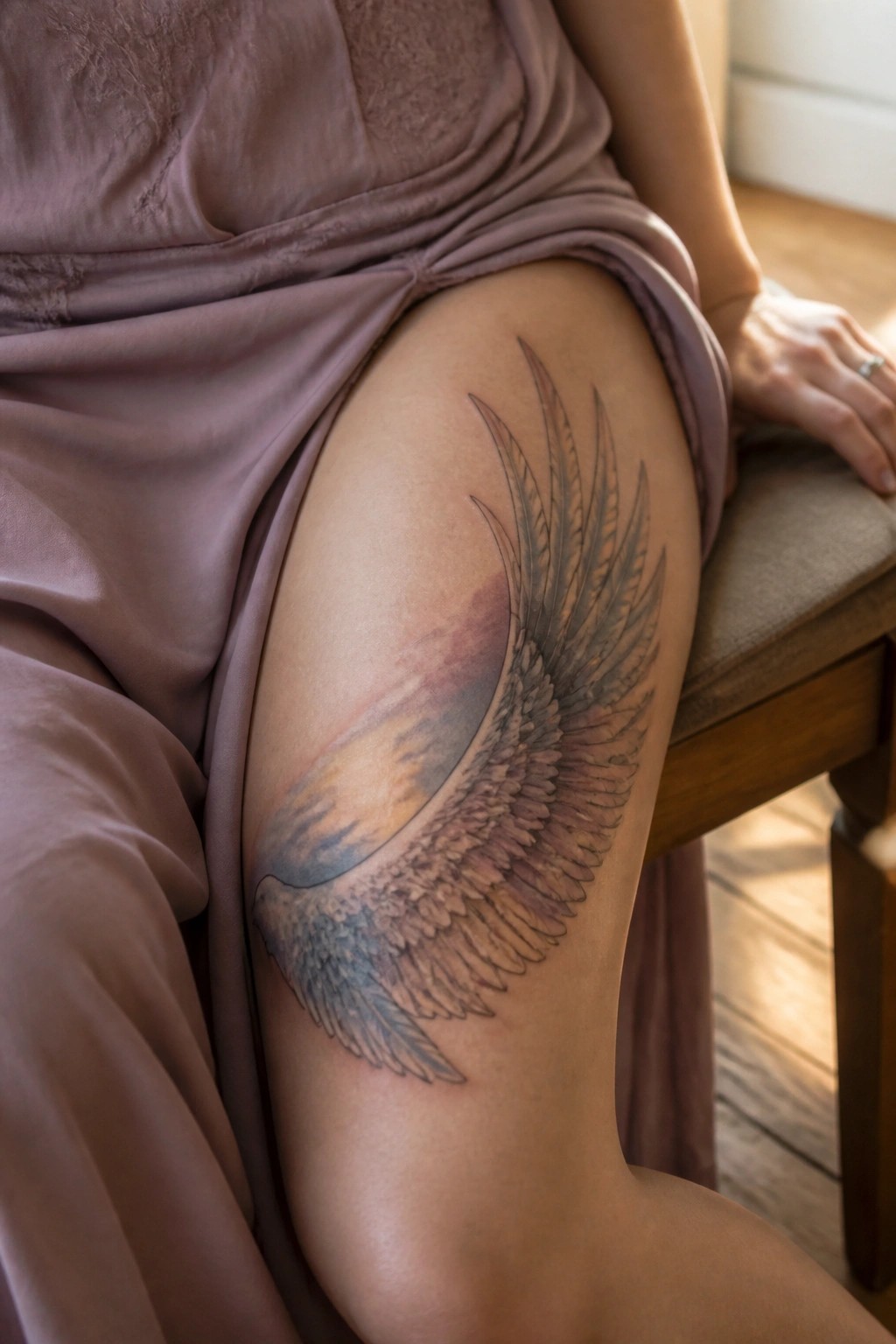 Large feathered wing tattoo on thigh beneath flowing mauve satin dress on wooden chair