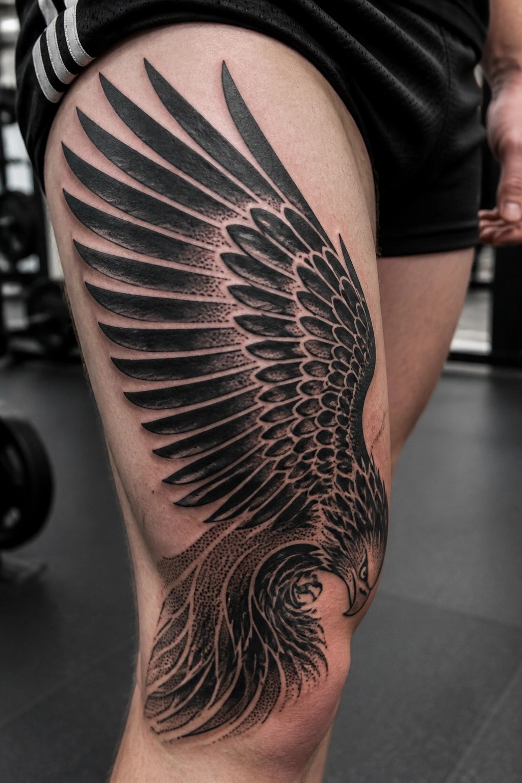 Large black eagle tattoo with spread wings on thigh, black athletic shorts.