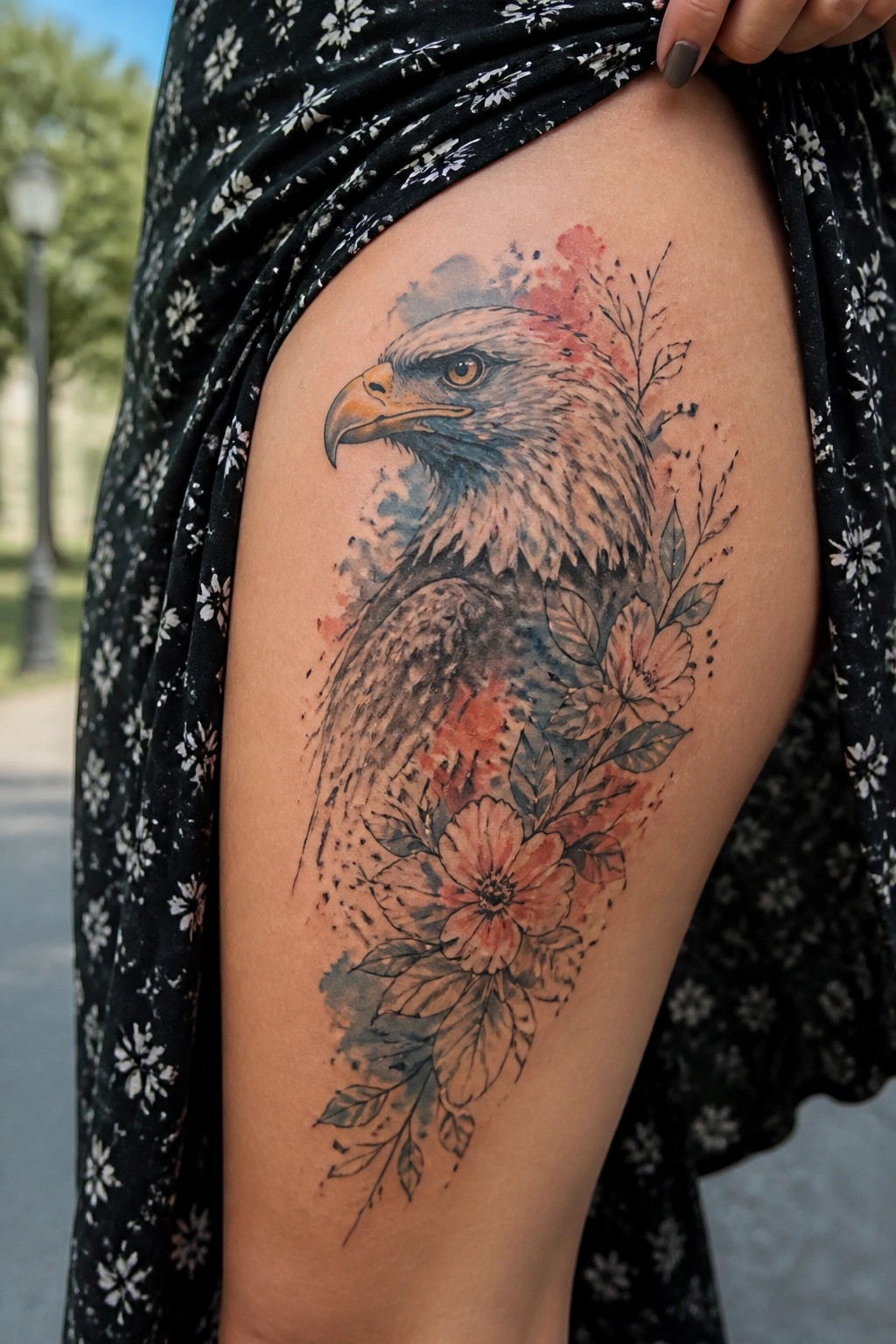 Watercolor eagle tattoo with flowers on a woman's thigh