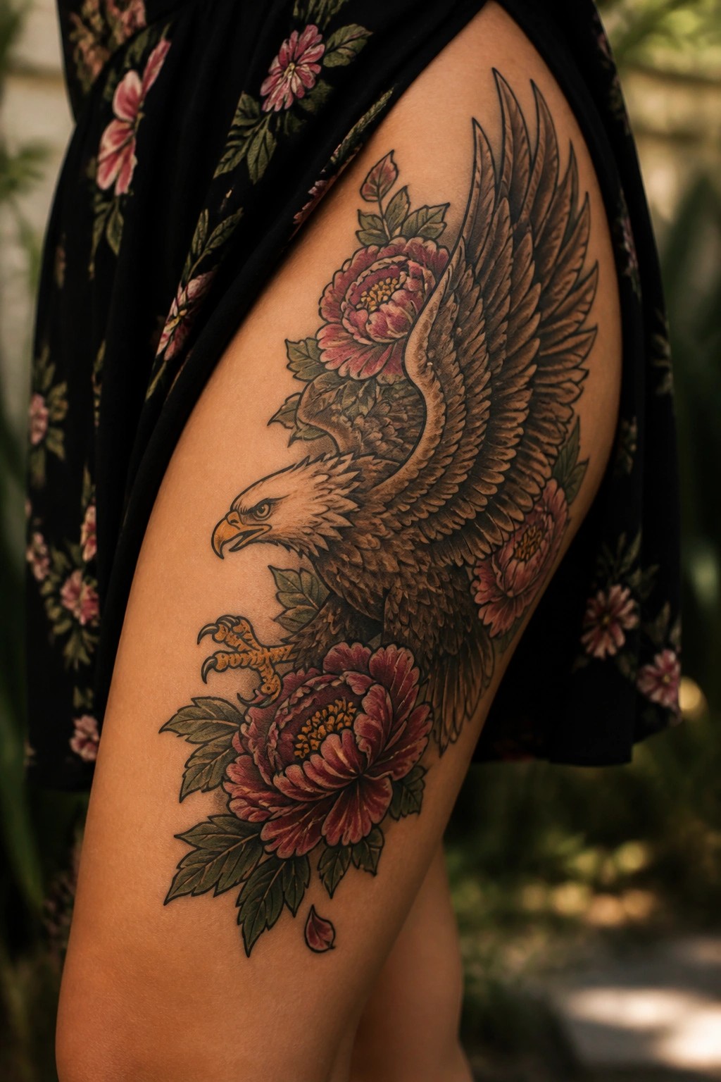 Eagle tattoo with spread wings amid pink peonies on thigh, black floral dress visible.
