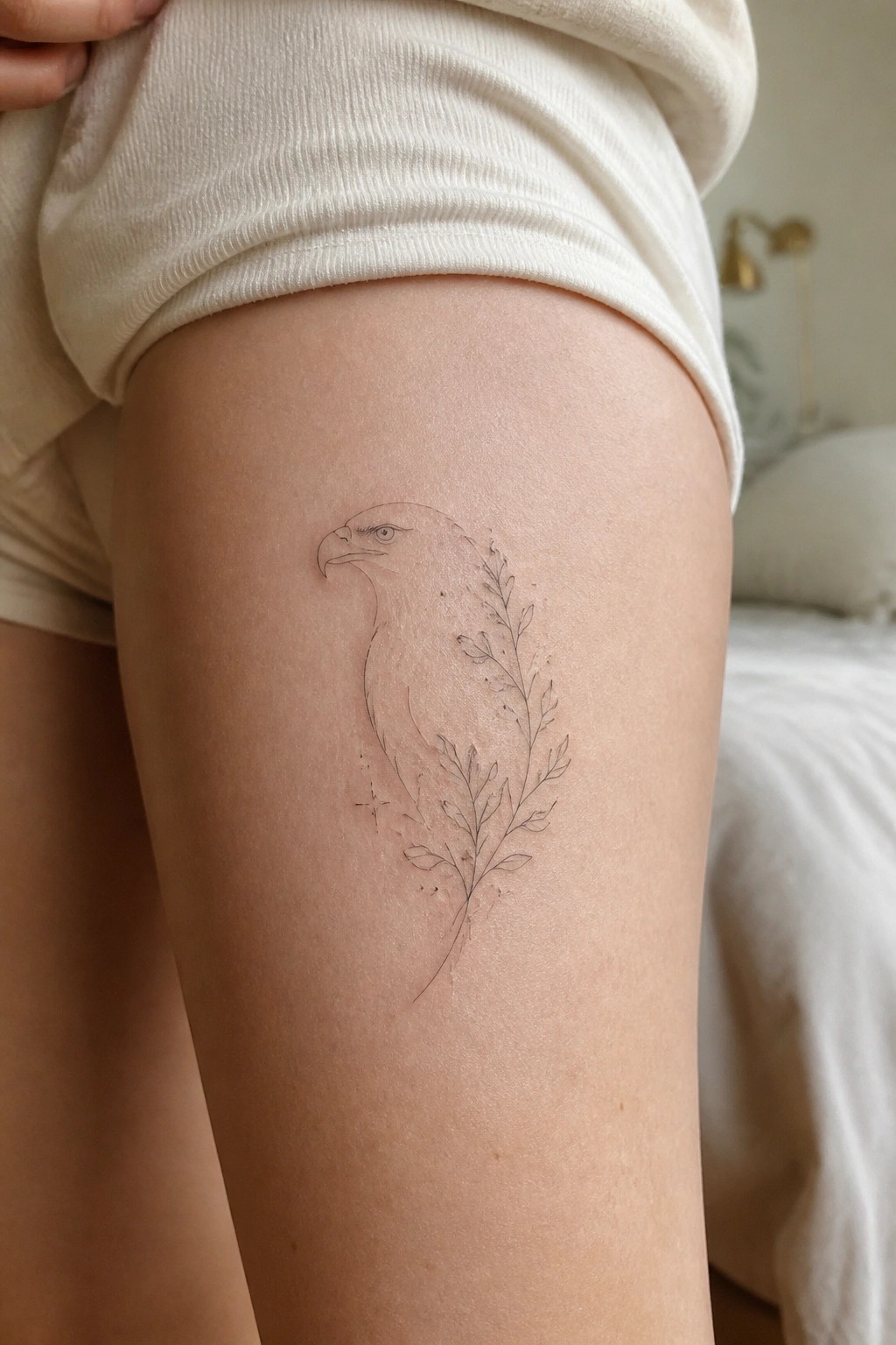 Eagle and leafy branch tattoo on thigh under white shorts in bedroom