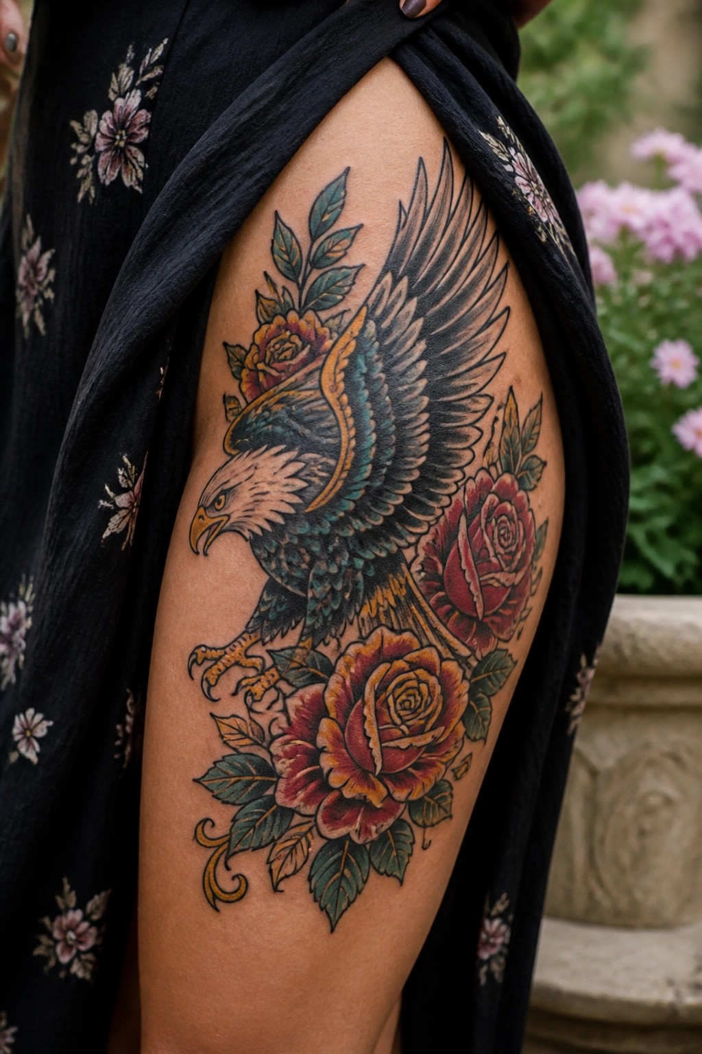 Vibrant eagle tattoo with red roses on thigh under black floral dress.