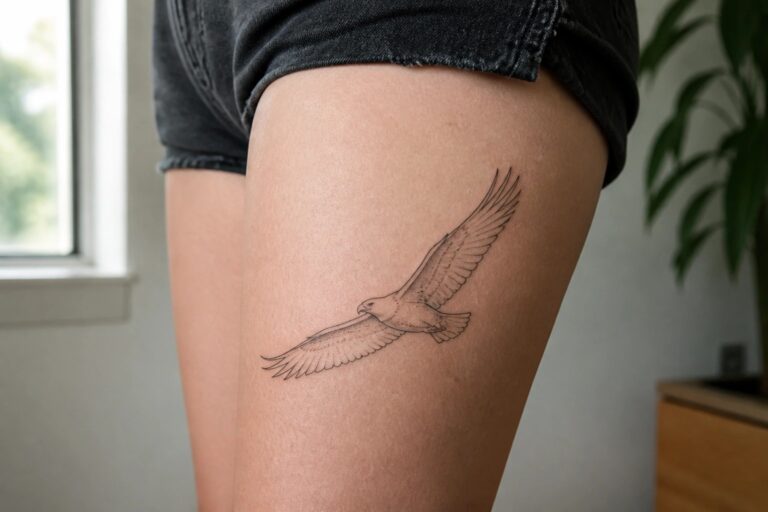 23 Eagle Thigh Tattoo Ideas for Women With Striking Feminine Style Fine-line eagle tattoo in flight on thigh beneath black shorts.
