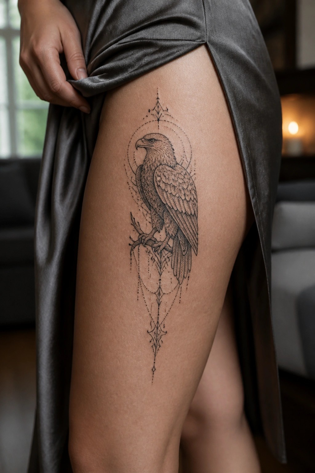 Black fine line eagle tattoo on a woman's thigh with dotted geometric accents above and below the central figure